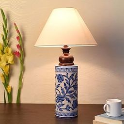 Unravel India Blue Pottery mugal Art Ceramic Cylindrical Decorative Lamp (Blue,Off-White)-image-56