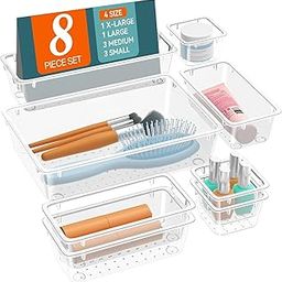 TENIDO Desk Drawer Organizer Trays Various Size Bathroom Drawer Tray Dividers Plastic Vanity Organizers Storage Bins For Makeup Cosmetics Dresser Kitchen Office(Transparent)(8 Pcs),Rectangular.-image-78