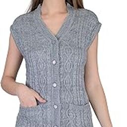 Women Woolen Cardigan Sleeveless Self Design Cardigan Rainbow Fabric Winter Wear Pure Wool Cardigan 100% Rainbow Wool Free Size Cotty Fully Warm with Front Pockets (M, Grey)-image-18