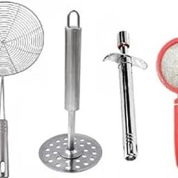 Combo Pack Stainless Steel Deep Fry Strainer With Round Masher And Regular Steel Gas Lighter And_Multicolor (Pack Of 4) (Plastic Tea)-9