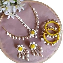 Cowrie Shell & Flower Jewellery Necklac with Maang Tika and Earrings, Bangles (2.5 inches) for Women & Girls.-image-31