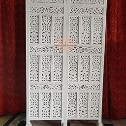 Home & Goods International Wooden Room Divider Partition - Foldable Wood Screen Separator for Living Room, Bedroom, Office, Restaurant || Kangra Badrun Design, White (2 Panel with Stand)-image-81