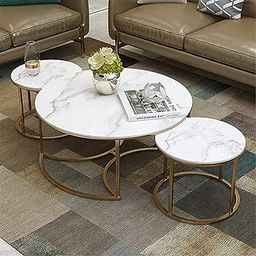 Skaffix Modern Nesting Coffee Tables Round Coffee Tables for Living Rooms, bedrooms, or Flats That are Robust and Contemporary, Featuring a Metal Frame and a Marble Look (White Gold)-image-2