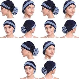 Womens Grey Flower Hair Wrap Turban Slouchy Chemo Cap Head Hat for Sleep Navy 3PCS-image-62