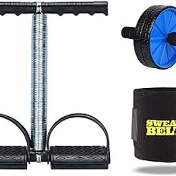 YUVI TRADERS (3 in 1 Single Spring Tummy Trimmer with Double Wheel AB Roller and Sweat Belt Abs Exercise Equipment for Men and Women Fitness (Multicolor), Standard-14