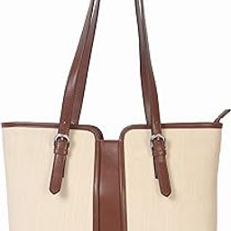 Women's Handbags, Handbag for Woman, Shoulder Bag, Canvas Tote Bag, Brown Leather Trim, Dual Straps, Beige Ykk Zipper-image-63