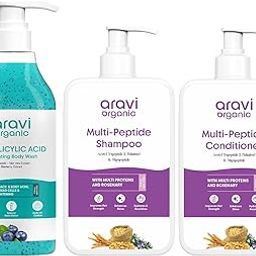 Aravi Organic Daily Care Routine Combo – 2% Salicylic Exfoliating Body Wash with Niacinamide & Blueberry, Multi-Peptides Shampoo for Hair Strength & Volume & Multi-Peptides Conditioner for Smooth & Nourished Hair (700ml) (Pack of 3)-image-44