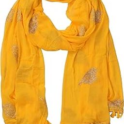 Golden Patti Embroidered Work Chiffon Dupatta for Womens & Girls with Jaalar Lace-49