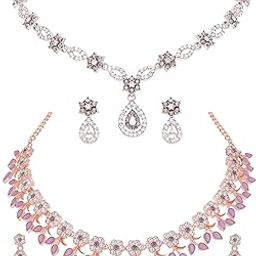 Beautifully Designed Rose Gold & Silver Polish AD Stone Studded Choker Necklace Jewellery Combo set with Matching Pair of Earrings for Women and Girls(AB_ATS-RG-Lavender & Sparsh-SLR-Grey)-5