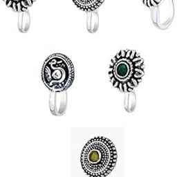 Art Jewellery Oxidised Finish nose pin for women | Clip on | Press On | Without piercing | Silver | Latest nose pin deigns-picture-3