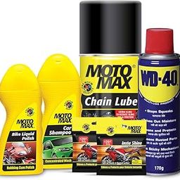 Pidilite Motomax Bike Grooming & Maintenance Mega Kit 1 - Car Shampoo 100 ml, Instashine Polish in Sponge 2N, Bike Polish Liquid 100 ml, Chain Lube 200 ml, WD40 170 g-23