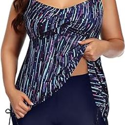 Women Plus Size Tankini Swimsuit Two Piece Flowy Swimdress Bathing Suits with Shorts, Blue Stripes, 28 Plus-image-99