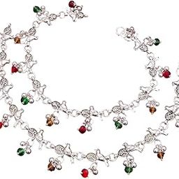 Women's Silver Bird Charm Anklet with Multicolored Crystal Beads, Traditional Design-37