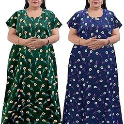 Traditional Indian Cotton Maxi Dress, Plus Size, Ethnic Print with Medallion Pattern, Short Sleeves, Maroon and Navy Blue, Pack of 2 (Green Blue bloon, Free Size)-image-63