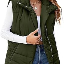 Womens Zip Up Puffer Vest Stand-up Collar Jacket Vests Outerwear With Pockets 2024-48