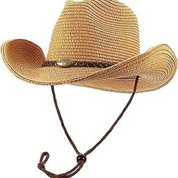 Cowboy Hat with String, Azonee Foldable Summer Sun Protection Straw Beach Hats with Wide Brim with Adjustable Drawstring for Wedding Stage Performance Country Cowboy Hat for Women Men, Khaki, 30-image-7