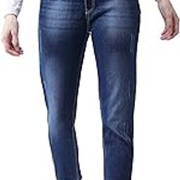 Women's Navy Blue Relaxed Fit Mid Rise Regular Length Scraped Stretchable Denim Jogger Pants-image-2