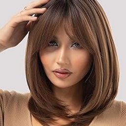 Ashkash 16 Inch Short Shoulder Lenght Natural Brown with Blonde Mix Wavy Synthetic Hair Wig with Front Bangs (1646/2H27A)-image-81