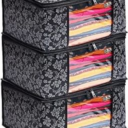 HOMFIL Brand - LAXIS Saree Covers With Zip Non-Woven Printed Saree Cover/Saree Organizer For Wardrobe/Cloth Storage With Transparent Window/Saree Bags Storage/Clothes Organizer (Black- Pack of 3)-28