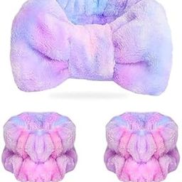 Spa Headband and Matching Wrist Bands for Washing Face, Fuzzy Skincare Bow Headbands, Soft Facial Makeup Head Bands, Shower Hair Sleepover Party Supplies (2 wristbands and 1 hair band)-image-19