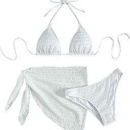 Women's 3 Piece Swimsuits Halter Triangle Bikini Sets with Cover Up Skirt Swimwear-image-3