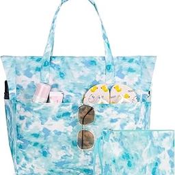 Gab Tote Bag for Women Office Work Multipurpose Shoulder Bag with Zipper Pouch Teacher Travel Grocery Beach Hobo Bag Waterproof Sandproof Lightweight Pool Bag (Tie-Dye Light Blue)-image-105