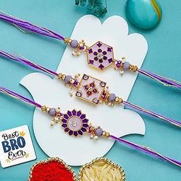 eCraftIndia Set of 3 Purple Floral Designer Rakhis | Best Bro Ever Fridge Magnet | Roli Chawal Pack | Rakhi for Brother Bhaiya Bhai Bhabhi Kids-image-47
