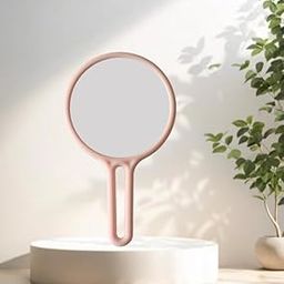 Pink Round Shape Plastic Handheld Beauty Makeup Mirror Both Sides for Bathroom, Dressing Table/Shaving/Parlours/Salon and for Travel kit 23x13 cm(1x2 Magnifying)-picture-54