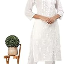 Women's Self Design Chikan Computer Embroidery White Pure Cotton Straight Kurta-image-21