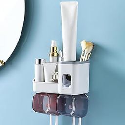 ELMVIA Toothbrush Holders for Bathrooms, Cups Toothbrush Holder Wall Mounted with Toothpaste Dispenser - Large Capacity Tray - Tooth Brushing Holder & Bathroom Accessories (2 Cup)-image-92