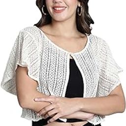 Women Cotton Self Design Front Open Flared Sleeves Lace Regular Round Shrug-51