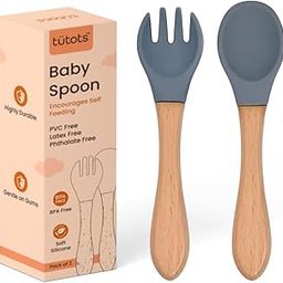 tütots Baby Spoon and Fork Set, Soft Silicone, Wooden Handle, BPA Free, Pack of 2 (Green Grey)-image-3