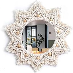 ARZOO HANDICRAFT Boho Bliss Off-White Macramé Mirror with Fringe - 10 Inch Round Mirror Diameter, 18 Inch Total Length - Handcrafted Decorative Wall Hanging for Bohemian Home Décor - 1 Piece-24