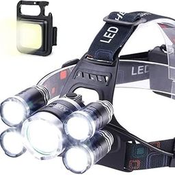 Headlamp Torch, USB Rechargeable Water Resistance 12000 Lumen Ultra Bright Single LED Zoomable Flashlight with Keychain Led Light for Trekking, Camping (5 Led Headlamp + Torch)-0