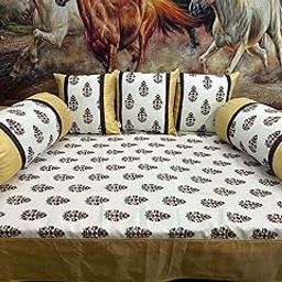 PINK PARROT Artsilk Jaipur Block Print 180 TC 100% Diwan Set Covers 6 Pieces Designer Printed Standard Diwan Set (1 Single Bedsheet, 2 Bolster Covers, 3 Cushion Covers) D-dd1-14