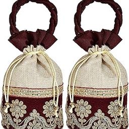 Embroidered Design Potli Bags Handbags for Women Gifting Wristlets for Wedding, Festival, Kitty Subh Shagun-Pack of 2 (Maroon)-18