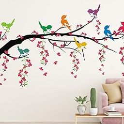 PVC Vinyl Self-Adhesive Nature Tree with Hanging Vine & Flower Colorful Birds Wall Sticker for Bedroom(Ideal Size on Wall: 110cmsx60cms),Multicolour-9