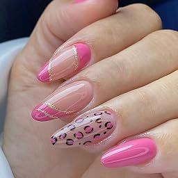 FWS Artificial Nails(Set Of 20)Press On Reusable Nails,FakeNails, BridalNails,Stick-On Nails,Manicure Art Set, Gel Stickers, Glue Extensions, Acrylics,Polygel False Nails,DesignerNails (Pink French Animal Print)-26