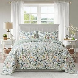 NEWLAKE Cotton Bedspread Quilt Sets-Reversible Patchwork Coverlet Set, Green Classic Floral Pattern, Queen Size-image-30
