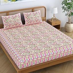 Colorish Cotton Blend Floral Printed Jaipuri King Size Double Bedsheet Set with 2 Pillow Covers - Peach Paradise-image-93