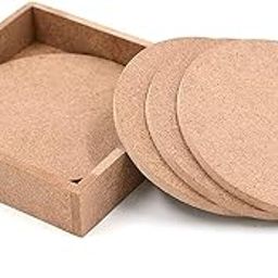 IVEI MDF DIY Round Coasters with Holder - MDF Plain Wooden Coasters & Holder Blank Cutouts for Painting Wooden Sheet Craft, Decoupage, Resin Art Work & Decoration - Set of 4 (3.5in X 3.5in)-0