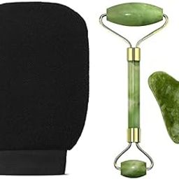 Exfoliating Gloves for Body Cleansing and Scrubbing, Bath Gloves Tan Removal-made of Natural Fibre, Gentle on the Skin, Sustainable, With 100% Natural Stone Jade Roller & Gau Sha Stone-multi-31