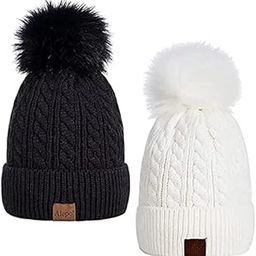 Women & Girl's Winter Beanie Hat, Warm Fleece Lined Knitted Soft Ski Cuff Cap with Pom Pom (Black & White)-(Pack of 02)-10