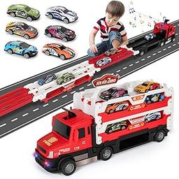 ISMETACU Toddler Car Carrier Truck Toys with 55-Inch Foldable Race Track,Light&Sound,6 Toy Cars in, Ejection Race Mode, Best Christmas Birthday Gift for 3 4 5 6 Boys Kids (Red)-image-75