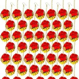 Ethnics Flower yellow Fabric Along with Pearls Brass Maang Tikka for Women,Pack of 24 ; MangTika Set for Wedding | Baby Shower | Shaadi| Haldi | Mehandi | Party in MULTI Colour for Girls-image-18
