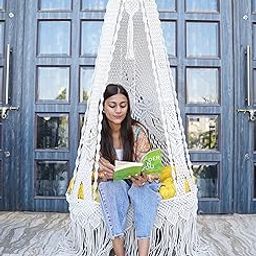 Patiofy Premium Luxury Macrame Swing for Adults/Swing for Living Room/Swing for Balcony/Jhula for Adults/Swing Chair with Yellow Large Sitting Cushion (Beige) (Polyester)-image-96