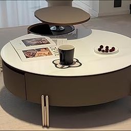 Fiddy - Modern Round Coffee Table with Rotating Storage - Saddle Leather Accent, Rock Board Top, Multifunctional Living Room Furniture| Contemporary Center Table for Home-image-9