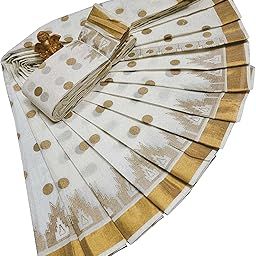 Fabulous Women's Kerala Kasavu Printed Saree With Running Blouse, 100% Cotton (Saree 5.5meter, Blouse 0.8 meter)-image-57