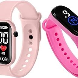 Stylish Waterproof Kids Digital Date and Time Black Pink Square Rectangular Display Watch for Kids Unisex Digital Watch for Baby Boys & Girls Kids | Pack of 2-4