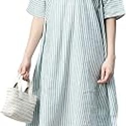 Women Green and White Stripped Cotton Kaftan Midi Dress.-image-4